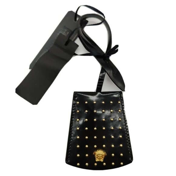 Versace Medusa Black Leather Gold Medusa Luggage Tag Name ID Address Bag Studded